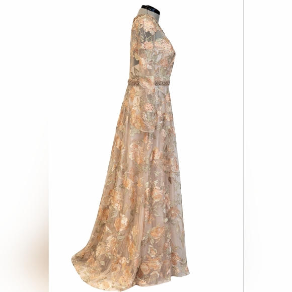 Mac Duggal Floral Embroidered Long Sleeve Dress, A-Line Gown in Cream Peachy NWT - Picture 10 of 15